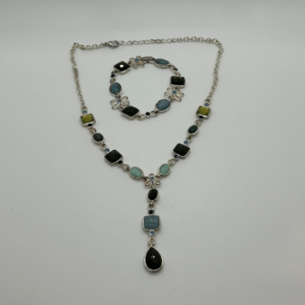 Multi Color Link Chocker Necklace & Bracelet Set Silver Setting With Multi Color - Picture 8 of 16